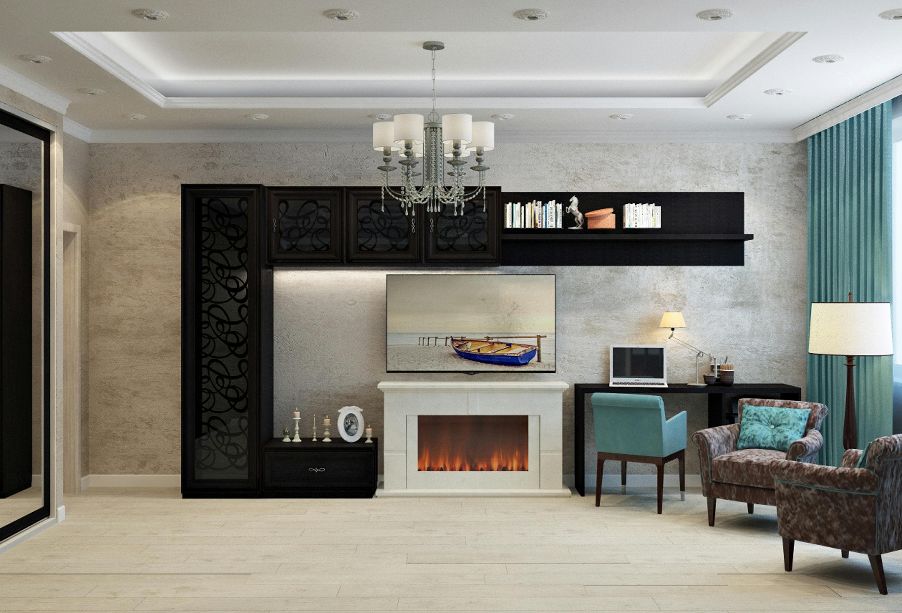 Premium living room interior with detailed ceiling, wall, and floor finishes